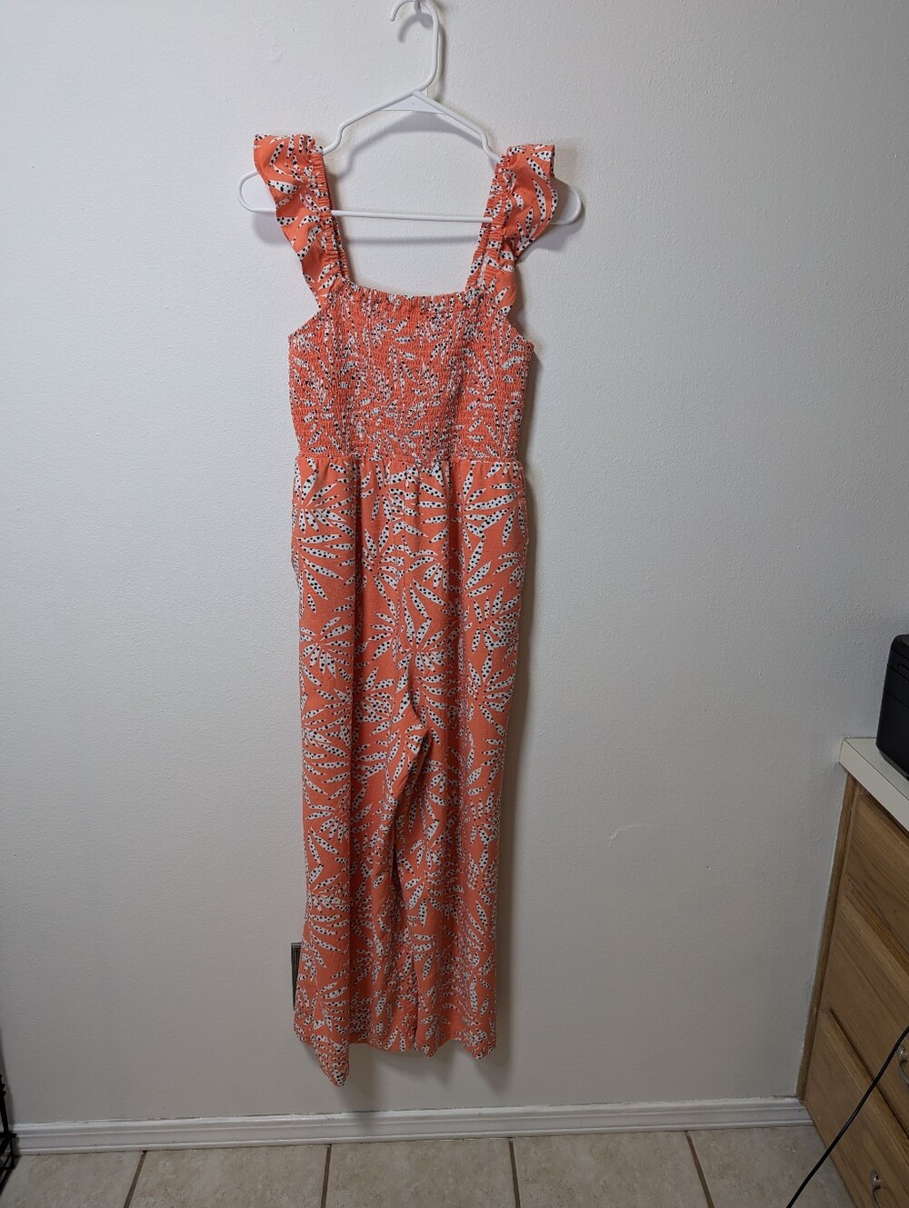 Loft Leaf Dot Smocked Ruffle Sleeve Jumpsuit In Lively Orange.